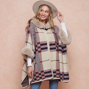 On Blue Poncho Wrap Size L/XL Plaid Beige Faux Fur Trimmed Hood Arm Holes Boho
